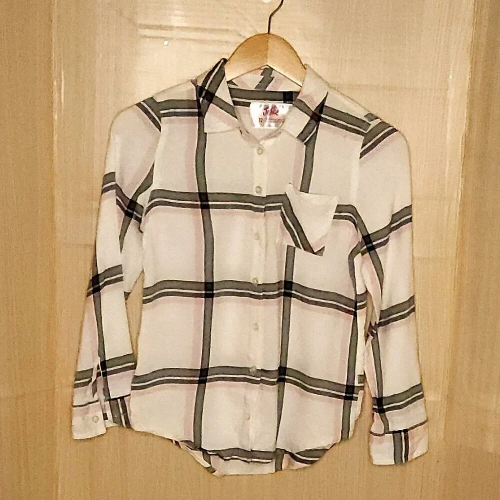 Justice Girls Ivory Pink Plaid Soft Button Down Shirt 12